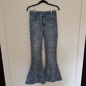 Free People We The Free Just Float On Flare Jeans Blue Floral Damask Print 27